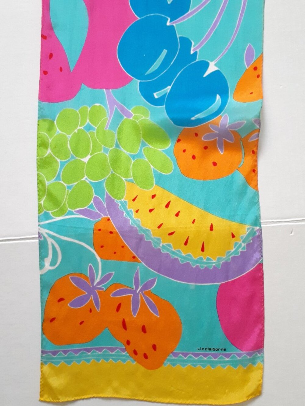 Liz Claiborne Silk Fruit Oblong Rectangle Scarf Blue Yellow Green Orange Pink